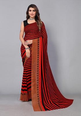 Red Stripe Poly Georgette Saree Set