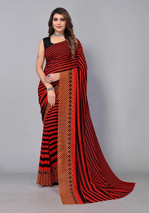 Red Stripe Poly Georgette Saree Set