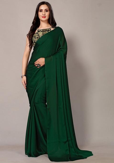 Green Solid Satin Saree Set