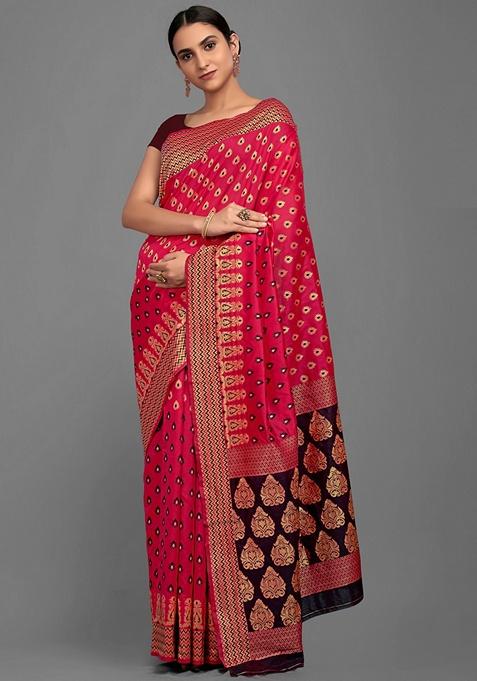 Pink Ethnic Motifs Print Silk Blend Saree Set