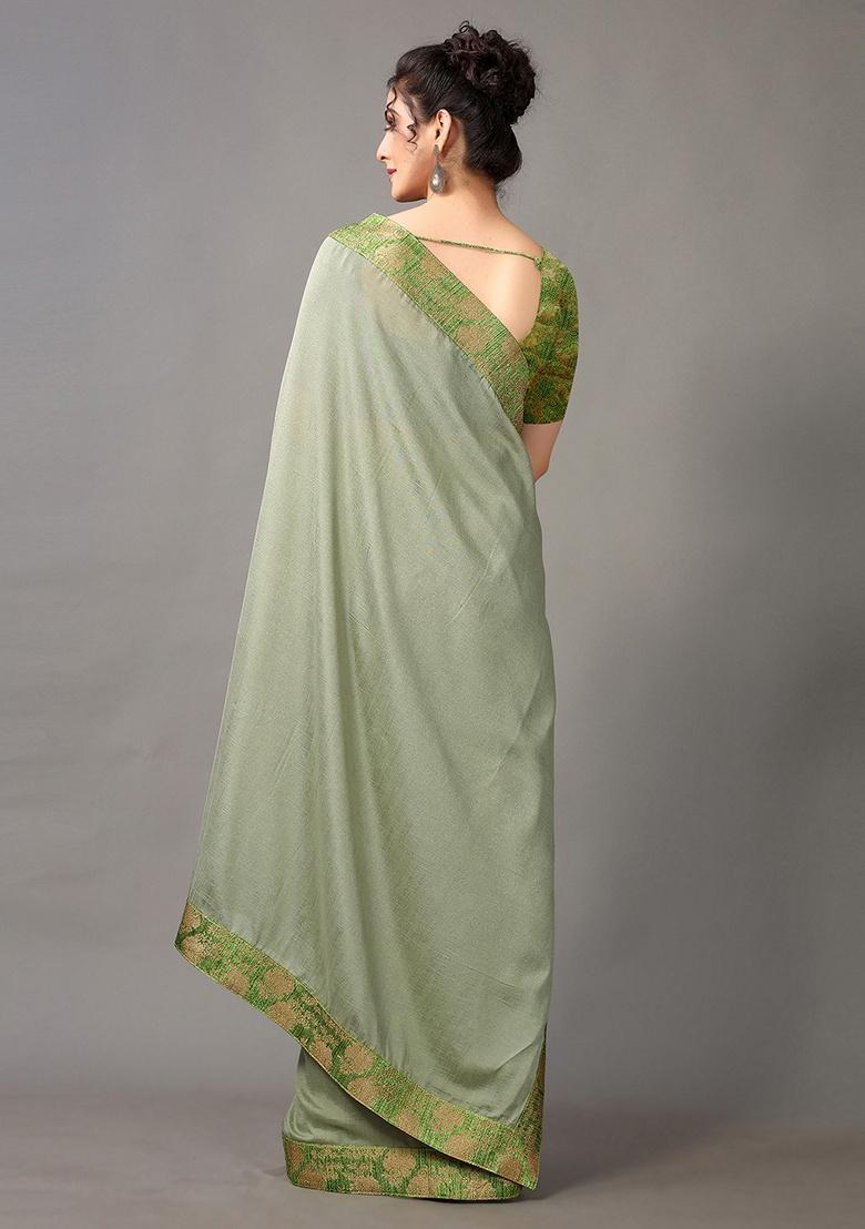 Green Solid Silk Blend Saree Set - Indya