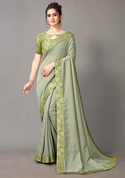 Green Solid Silk Blend Saree Set