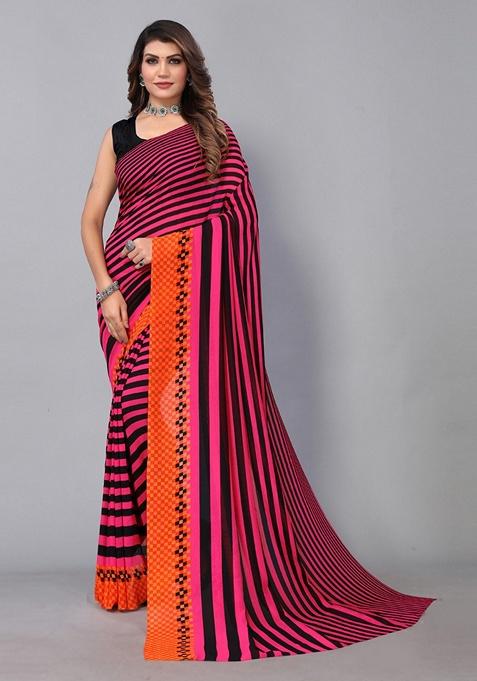 Pink Stripe Poly Georgette Saree Set