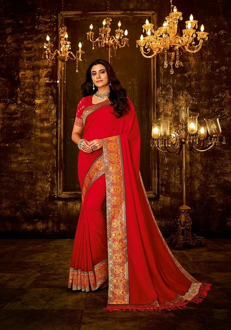 Red Solid Poly Silk Saree Set