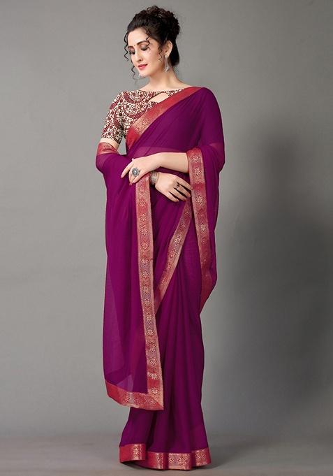 Purple Solid Poly Chiffon Saree Set