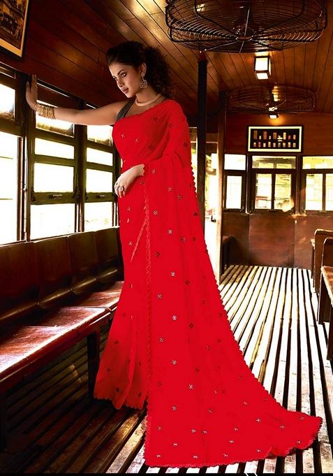 Red Floral Pure Chiffon Saree Set