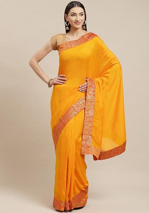 Mustard Solid Silk Blend Saree Set