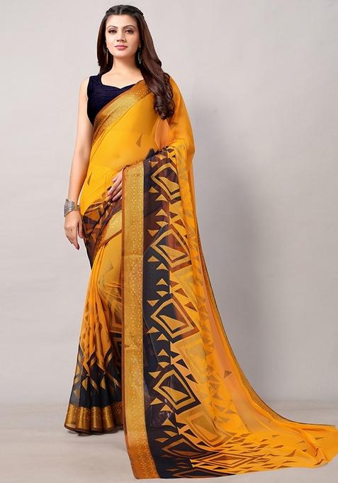 Yellow Abstract Brasso Saree Set