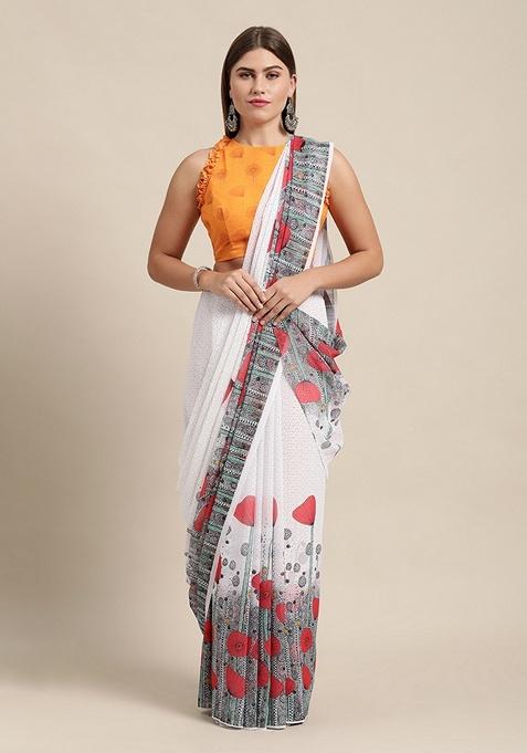 White Floral Georgette Saree Set