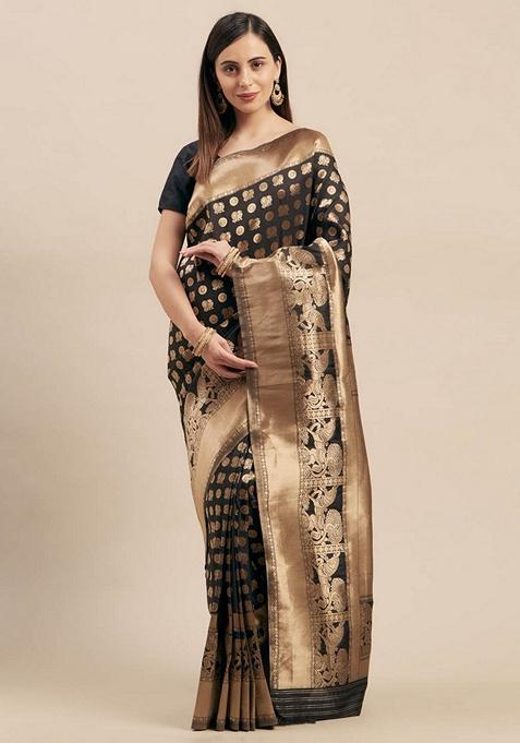 Black Ethnic Motifs Print Art Silk Saree Set