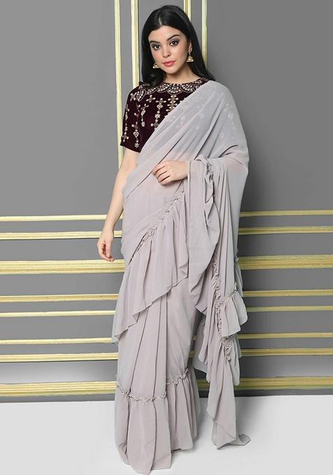 Grey Solid Georgette Saree Set