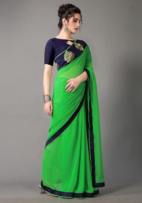 Green Solid Bangalori Silk Saree Set