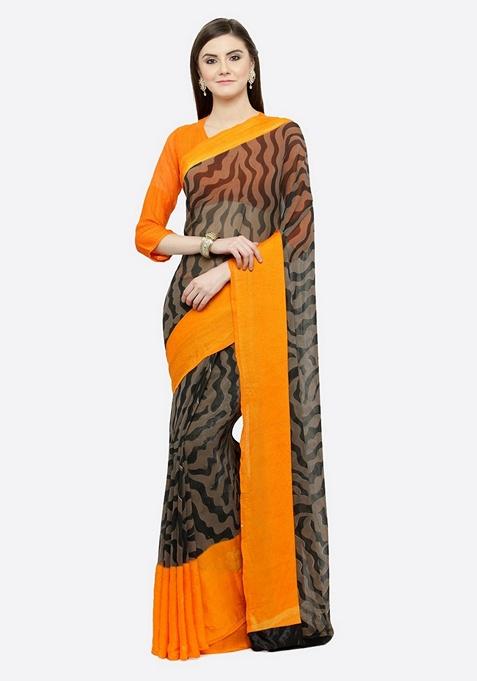 Orange Abstract Georgette Saree Set