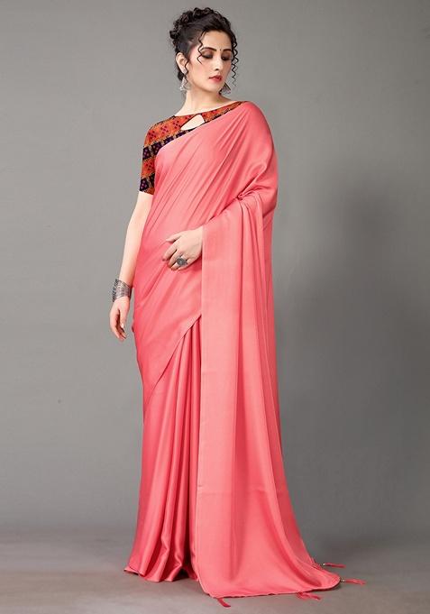 Peach Solid Brocade Saree Set