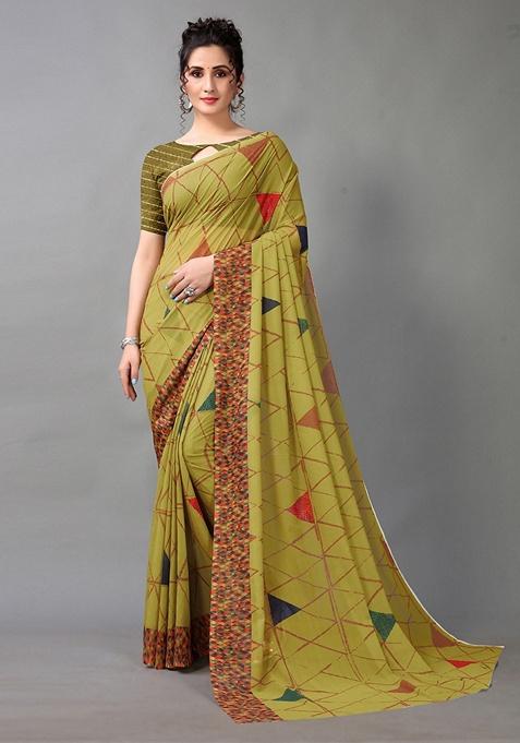 Green Abstract Poly Georgette Saree Set