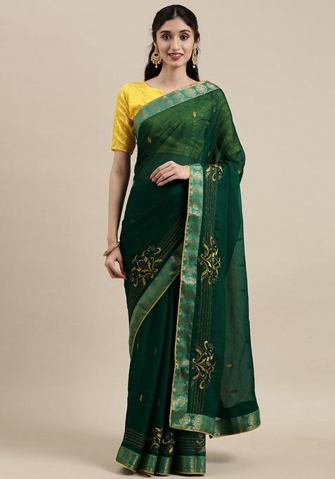 Green Embroidered Poly Chiffon Saree Set