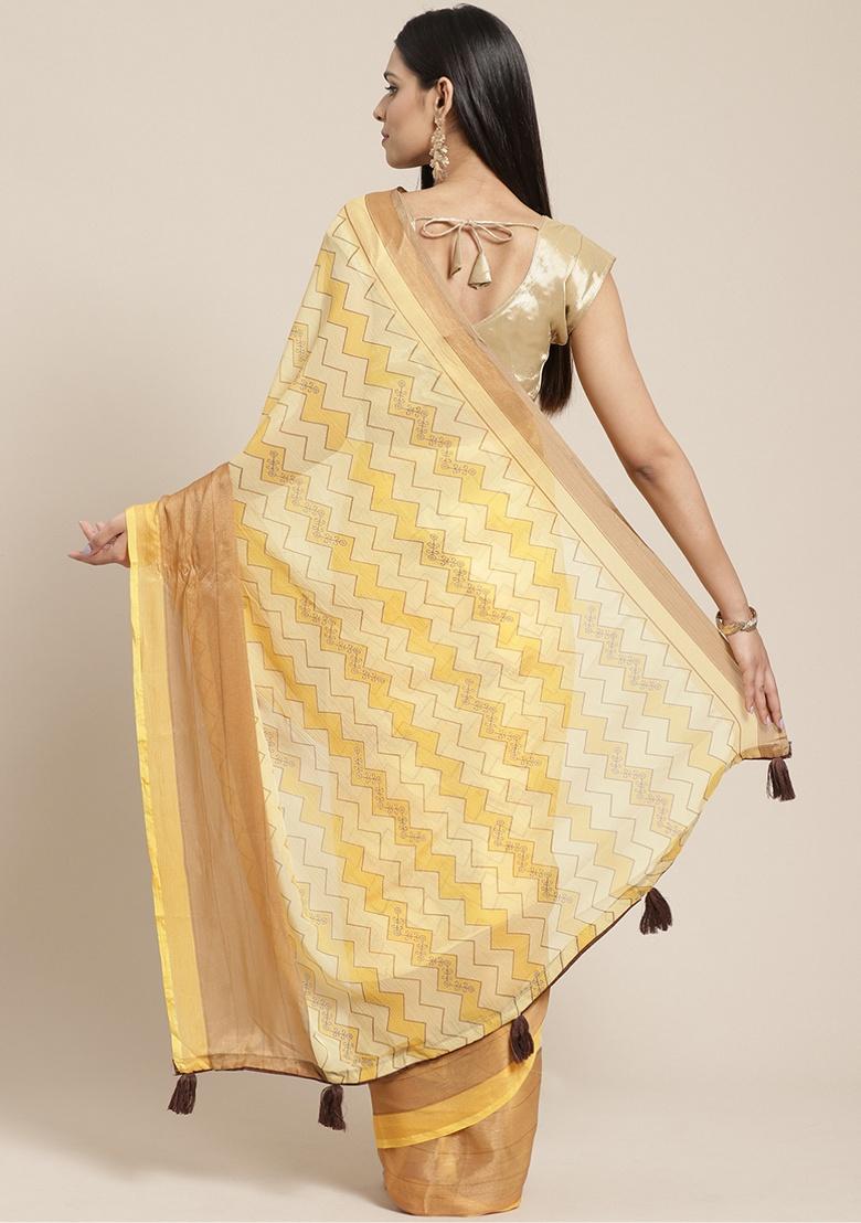 Yellow ZigZag Print Georgette Saree Set