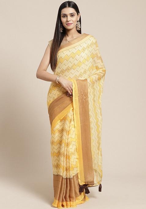 Yellow ZigZag Print Georgette Saree Set