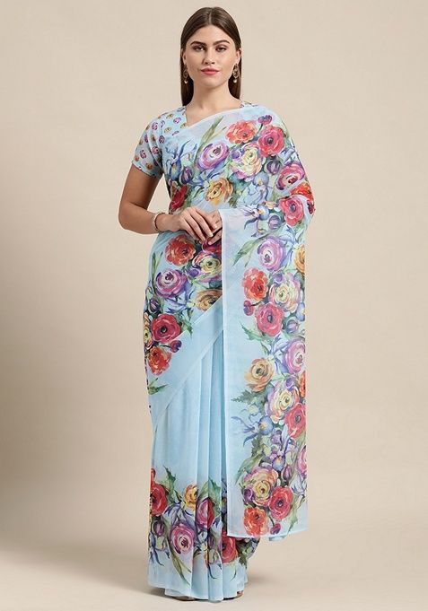 Blue Floral Georgette Saree Set