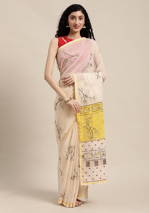 Beige Floral Poly Georgette Saree Set