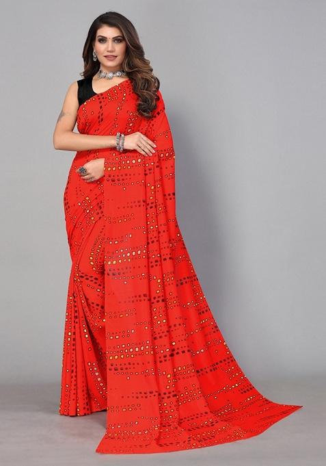 Red Geometric Poly Georgette Saree Set