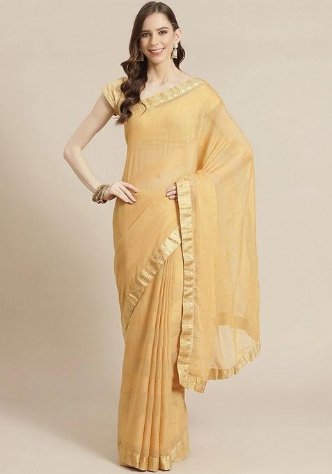 Beige Solid Brasso Saree Set