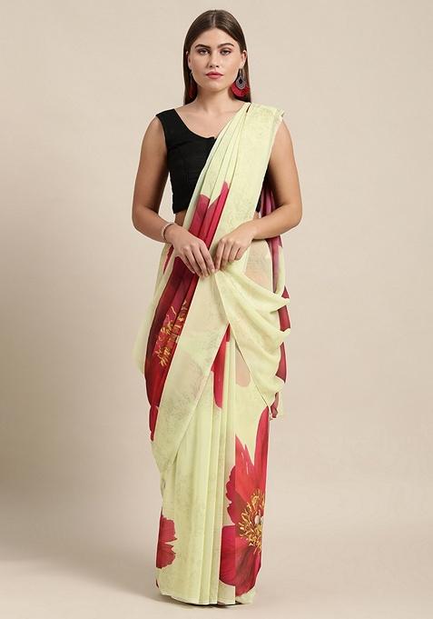 Yellow Floral Georgette Saree Set