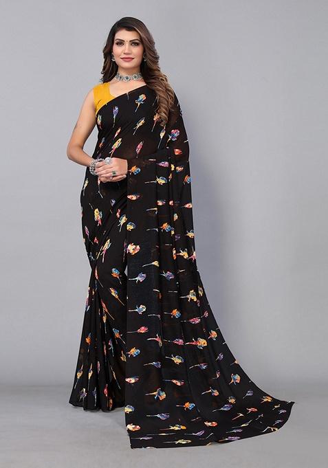 Black Floral Brasso Saree Set