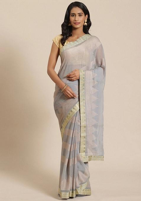 Grey Solid Brasso Saree Set