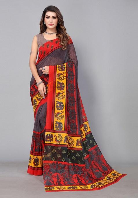 Grey Ethnic Motifs Print Brasso Saree Set