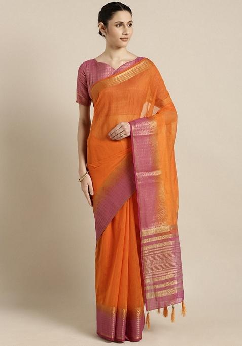 Orange Solid Pure Linen Saree Set