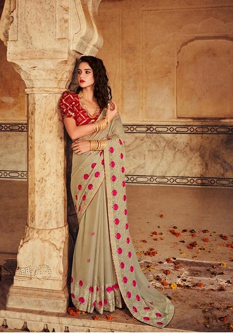 Beige Floral Pure Chiffon Saree Set