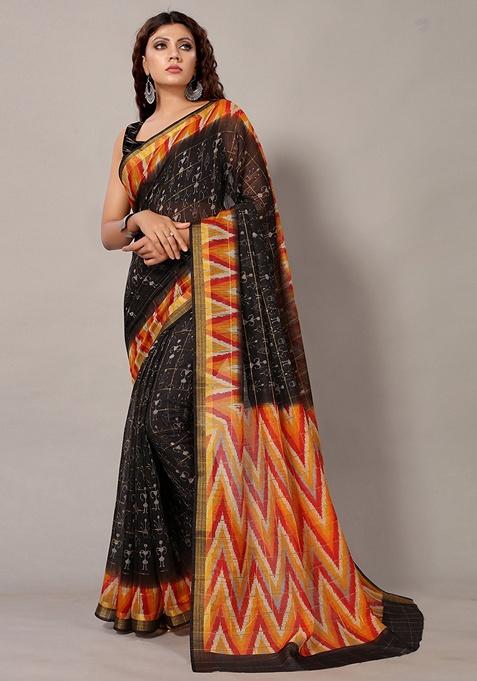 Black Geometric Art Silk Saree Set