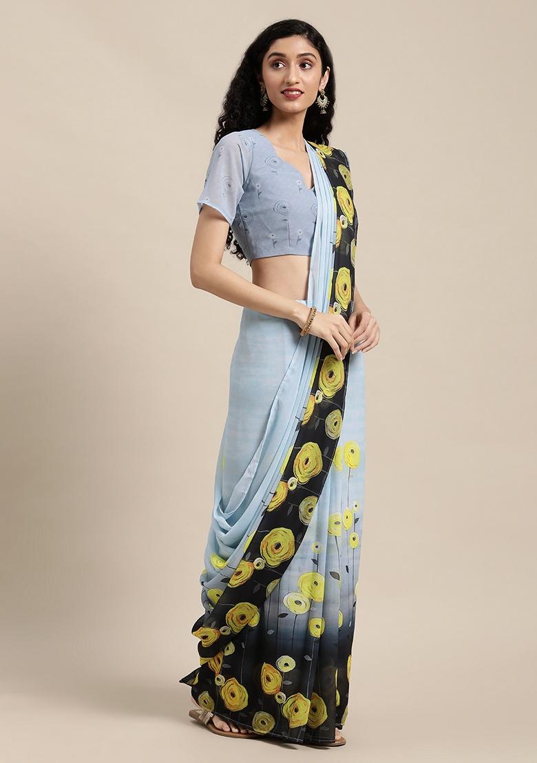 Grey Floral Georgette Saree Set - Indya