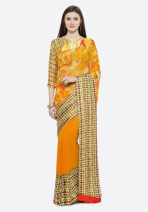 Yellow Geometric Silk Saree Set