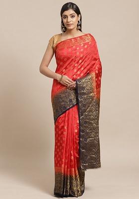 Red Ethnic Motifs Print Silk Blend Saree Set