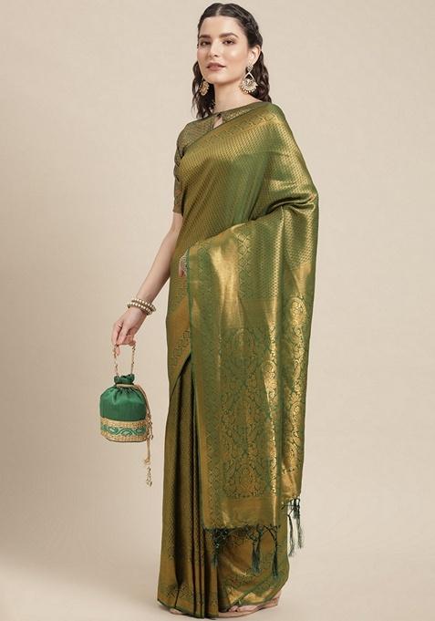 Green Ethnic Motifs Print Silk Blend Saree Set