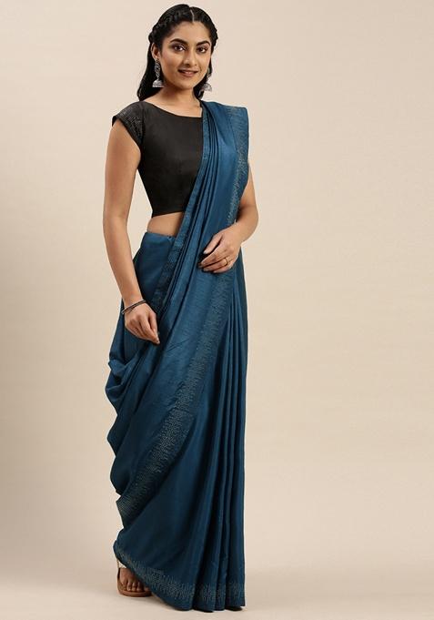 Teal Solid Silk Blend Saree Set