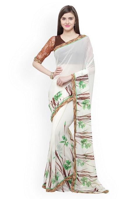 Cream Geometric Georgette Saree Set