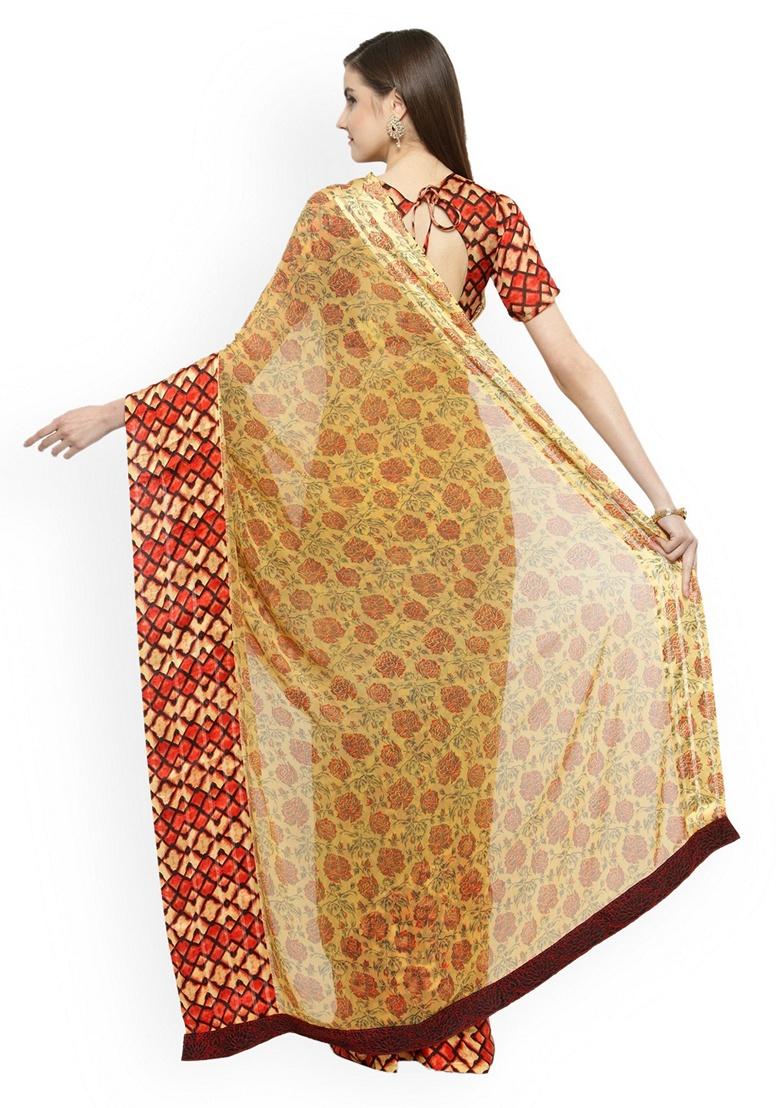 Beige Ethnic Motifs Print Silk Saree Set - Indya