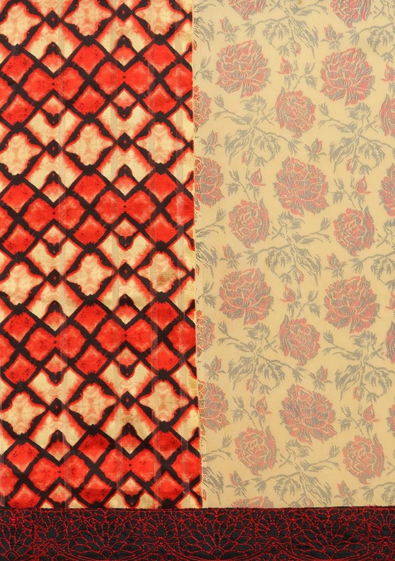 Beige Ethnic Motifs Print Silk Saree Set - Indya