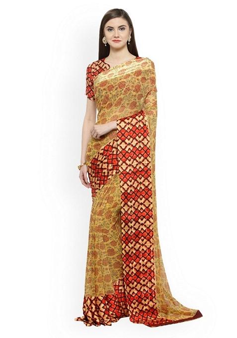 Beige Ethnic Motifs Print Silk Saree Set