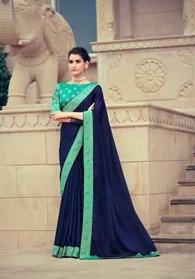 Navy Blue Stripe Pure Chiffon Saree Set