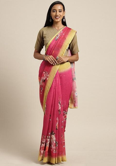 Pink Floral Pure Linen Saree Set