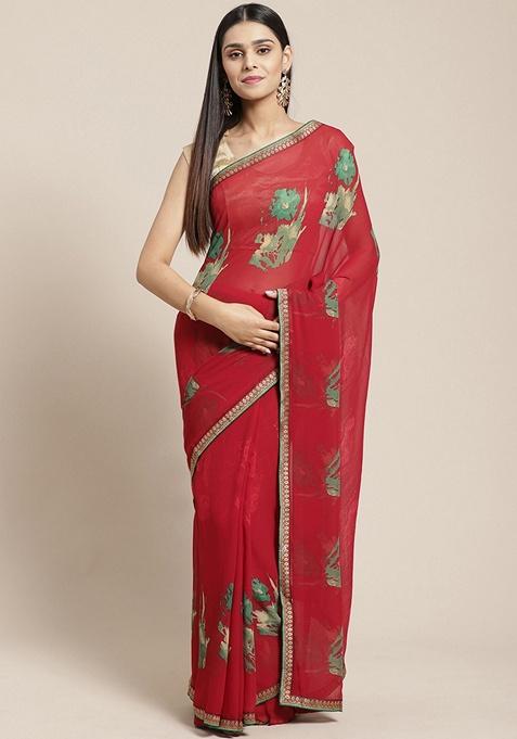 Red Floral Georgette Saree Set