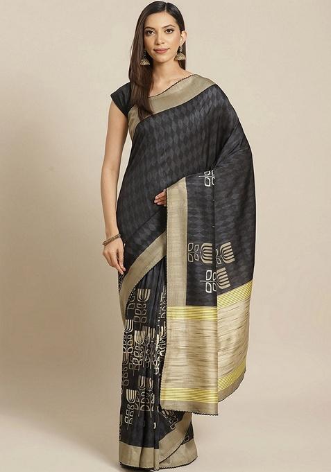 Black Geometric Art Silk Saree Set