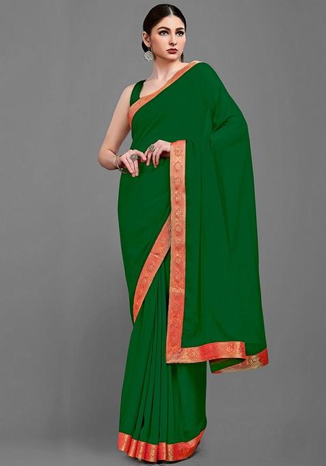 Green Solid Poly Georgette Saree Set