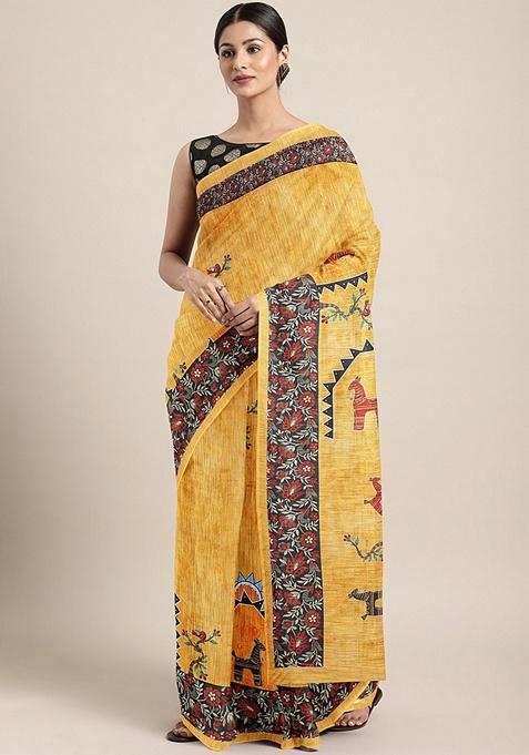 Yellow Ethnic Motifs Print Silk Blend Saree Set