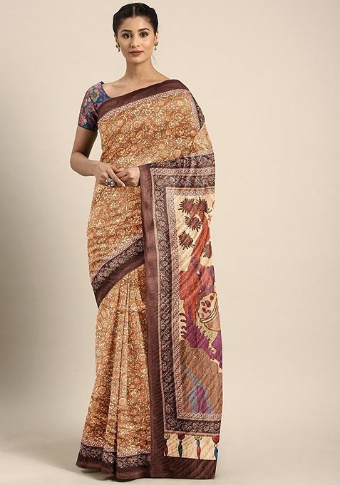 Mustard Ethnic Motifs Print Silk Blend Saree Set