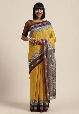 Mustard Ethnic Motifs Print Silk Blend Saree Set